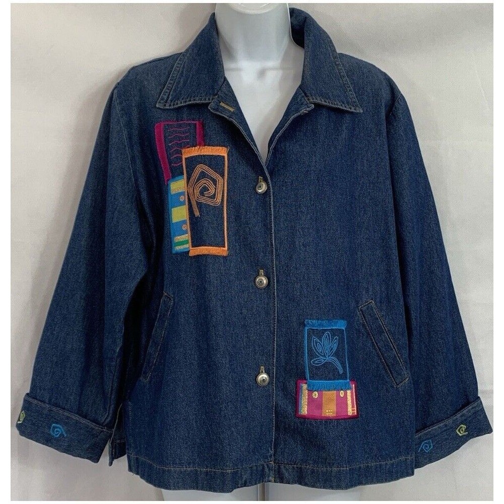 St. Germain Paris denim M Vintage indigo Embroidered patchwork Jacket Collar